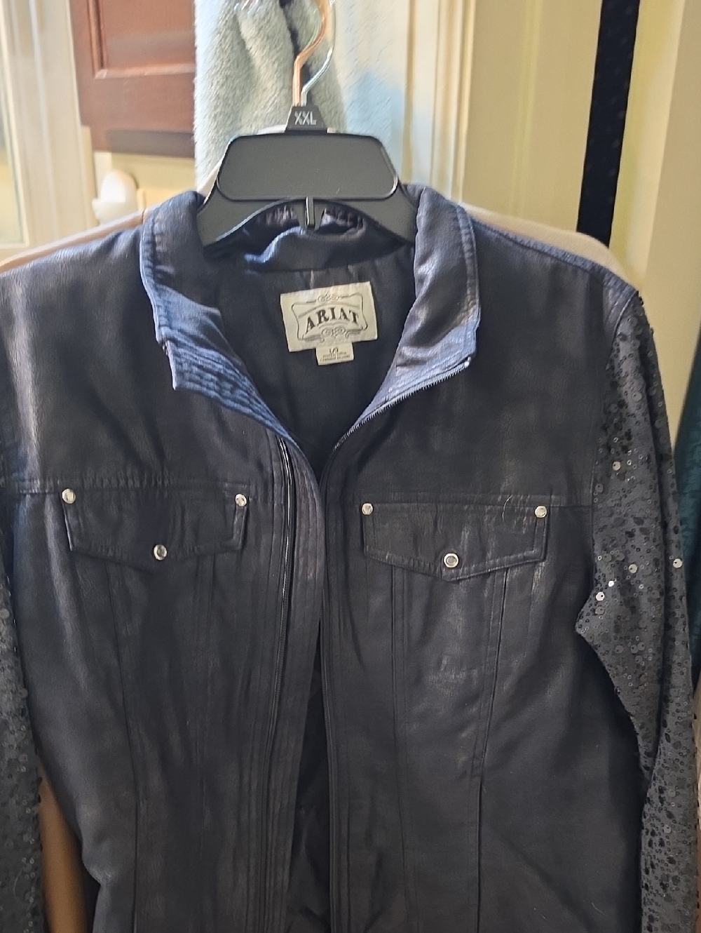 Ariat Black Leather Jacket Size L with Sequin-Studded Sleeves